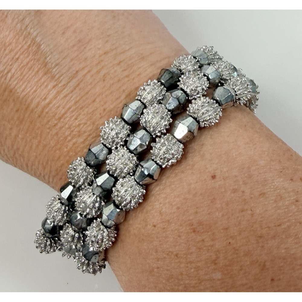 Vintage Crown Trifari Bracelet Triple Strand Silver Tone Hobnail & Crystal 6.75